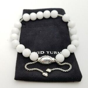 David Yurman Sterling Silver 8mm White Agate Spiritual Bead Beaded Pull Bracelet